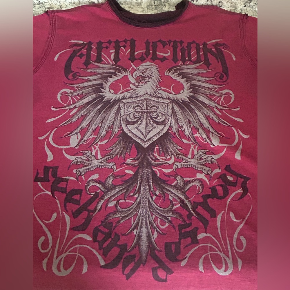 Affliction Seek and Destroy Reversible Graphic Print Burgundy Black Shirt Sz XL - Picture 9 of 11